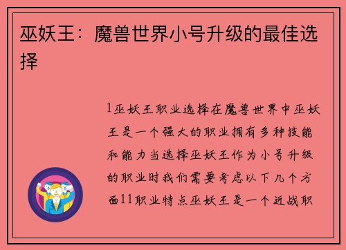 巫妖王：魔兽世界小号升级的最佳选择